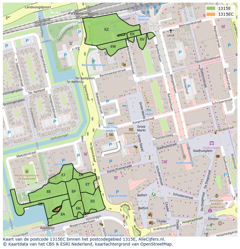 Afbeelding van het postcodegebied 1315 EC op de kaart.