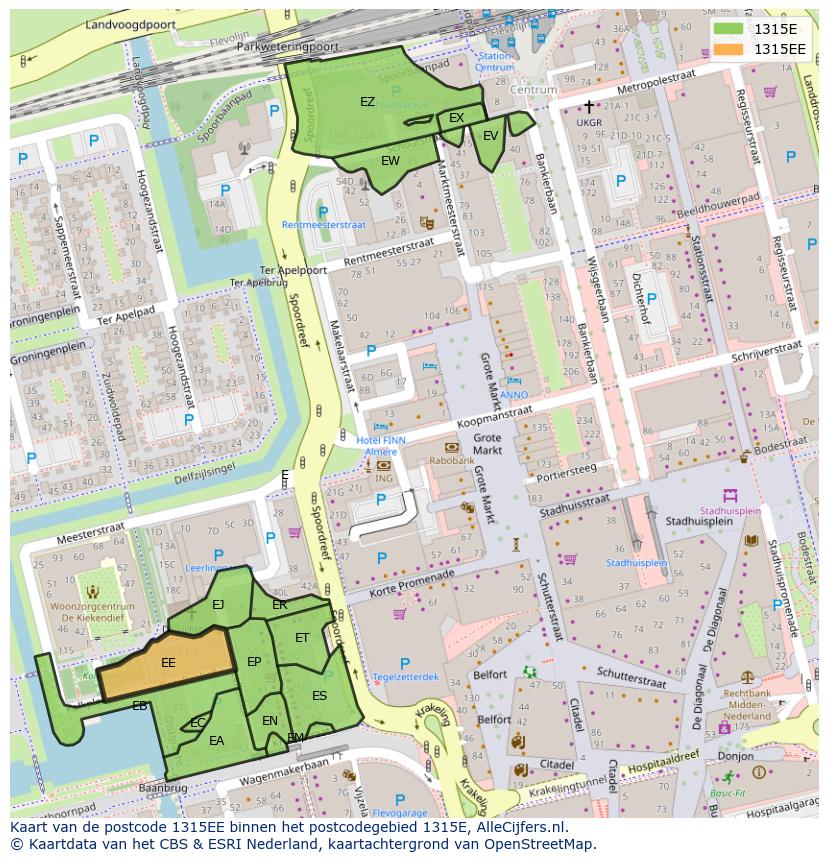 Afbeelding van het postcodegebied 1315 EE op de kaart.