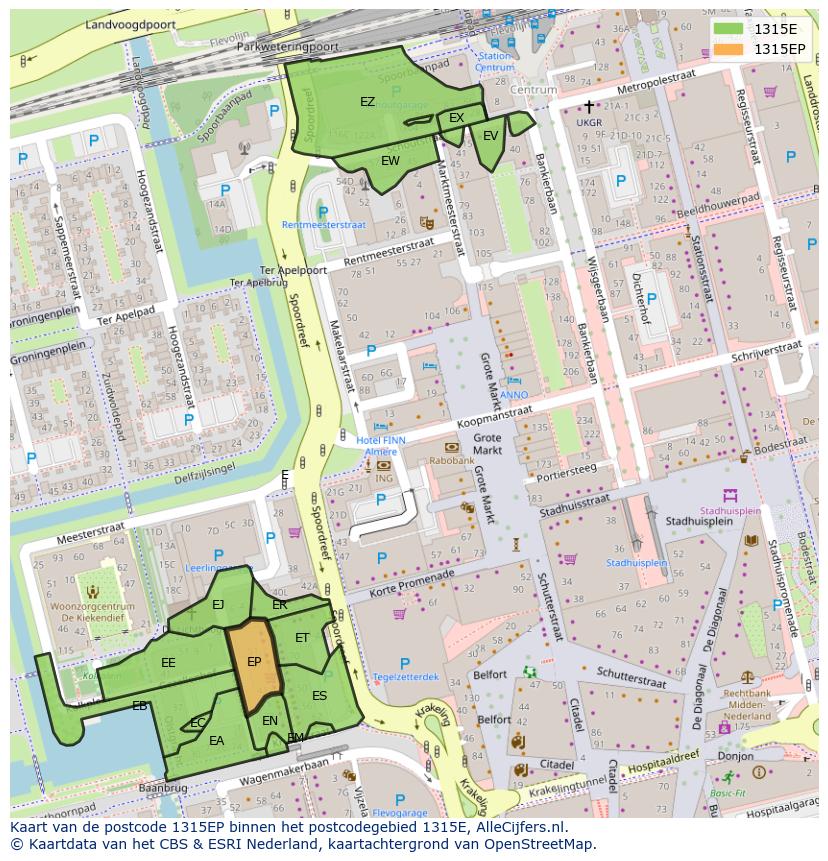 Afbeelding van het postcodegebied 1315 EP op de kaart.