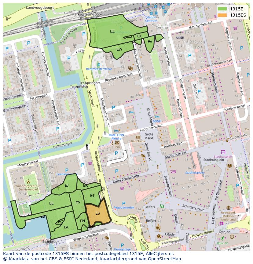 Afbeelding van het postcodegebied 1315 ES op de kaart.