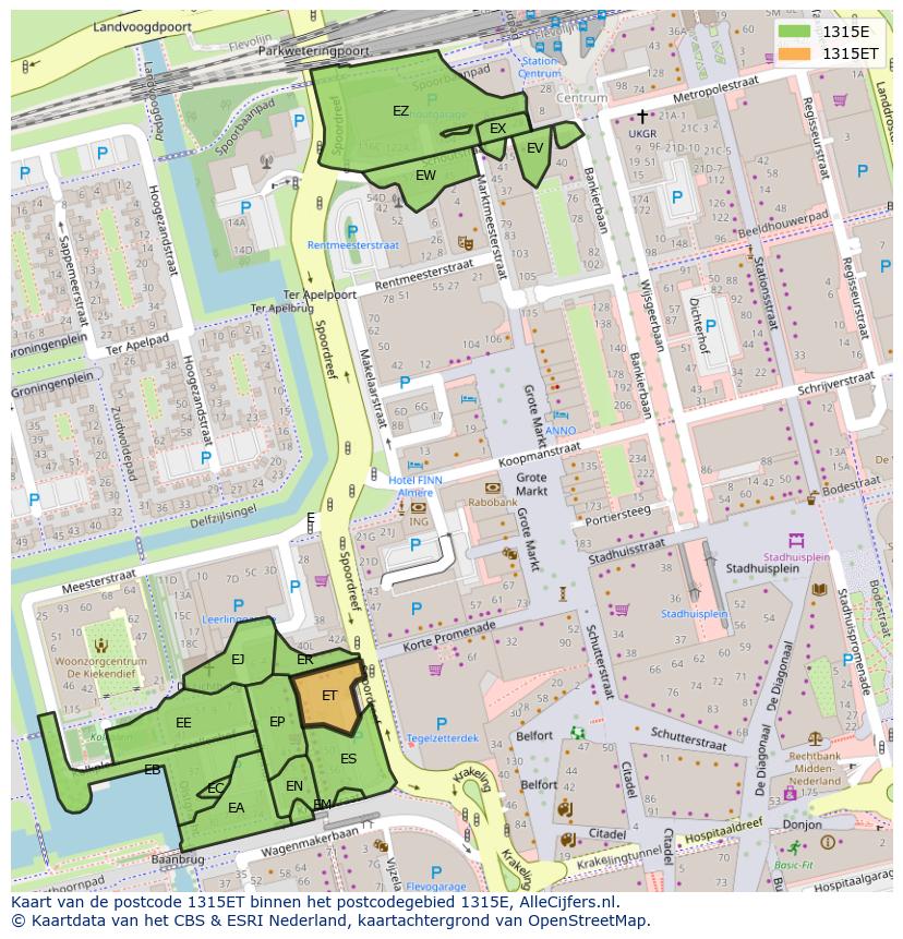 Afbeelding van het postcodegebied 1315 ET op de kaart.
