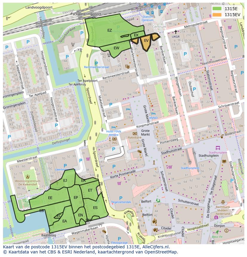 Afbeelding van het postcodegebied 1315 EV op de kaart.
