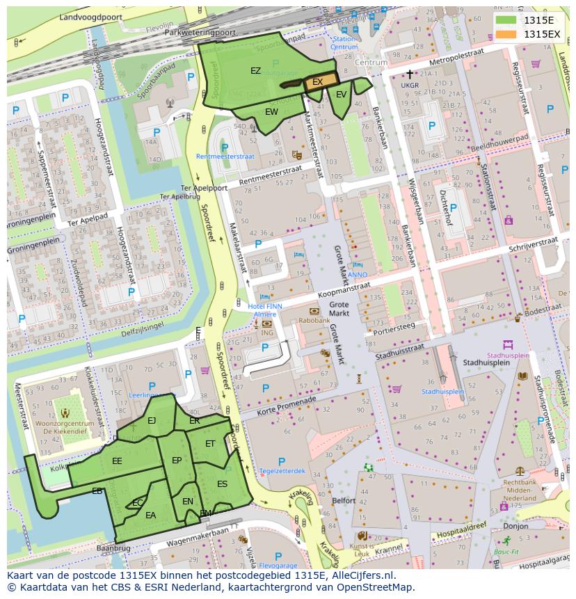Afbeelding van het postcodegebied 1315 EX op de kaart.