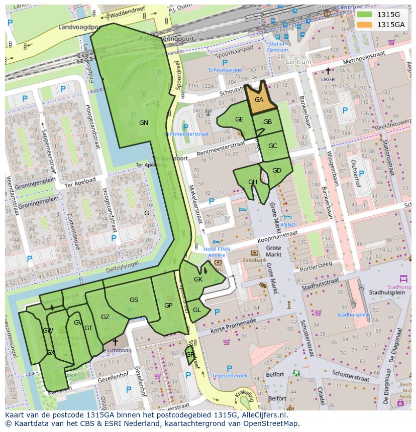 Afbeelding van het postcodegebied 1315 GA op de kaart.