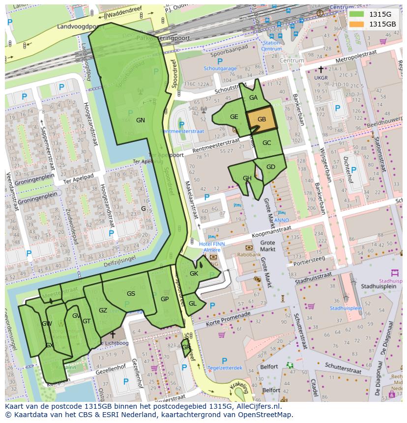Afbeelding van het postcodegebied 1315 GB op de kaart.