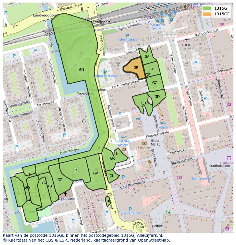 Afbeelding van het postcodegebied 1315 GE op de kaart.