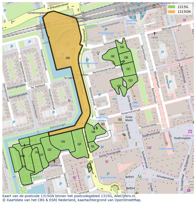 Afbeelding van het postcodegebied 1315 GN op de kaart.
