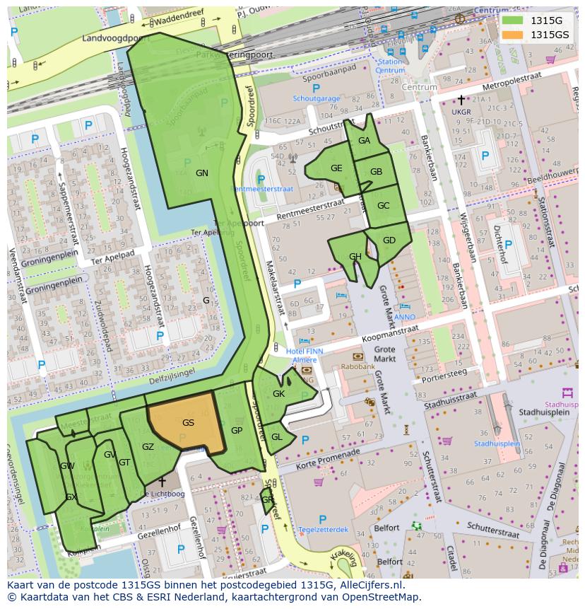 Afbeelding van het postcodegebied 1315 GS op de kaart.