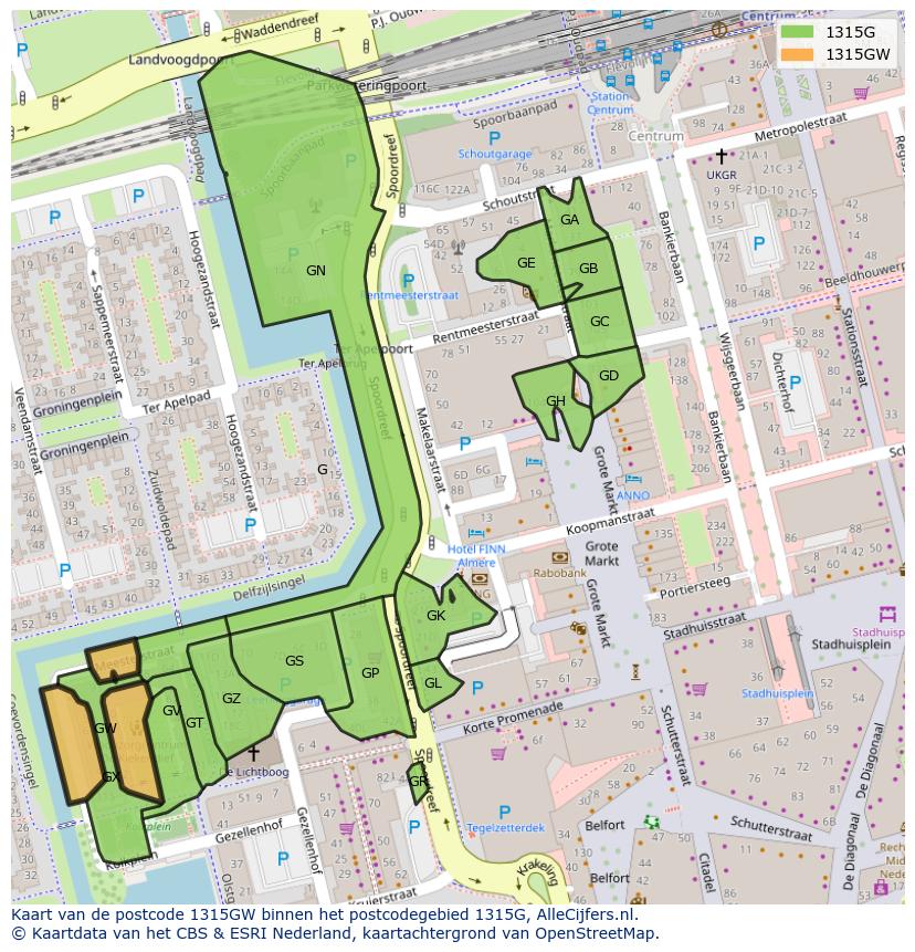 Afbeelding van het postcodegebied 1315 GW op de kaart.