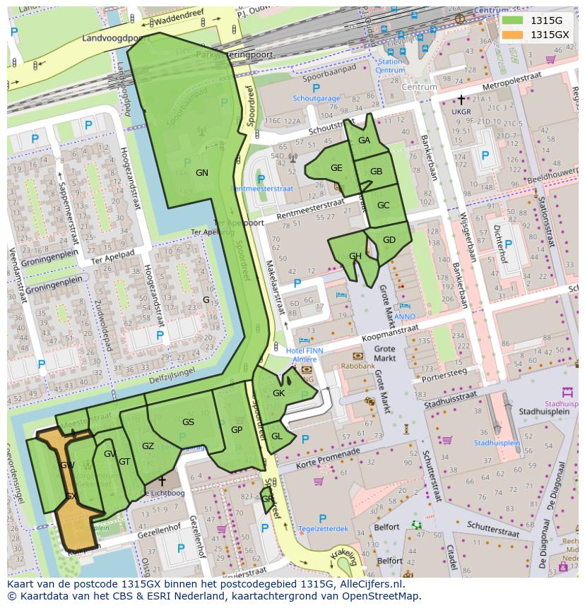Afbeelding van het postcodegebied 1315 GX op de kaart.