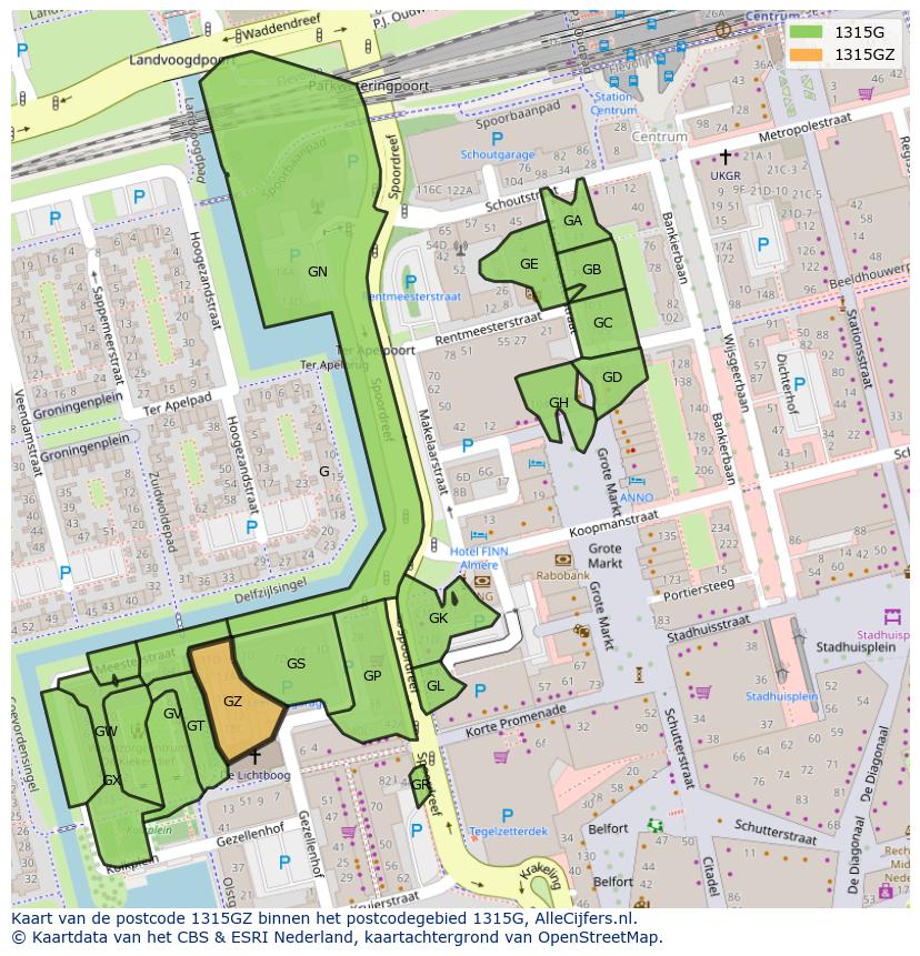 Afbeelding van het postcodegebied 1315 GZ op de kaart.