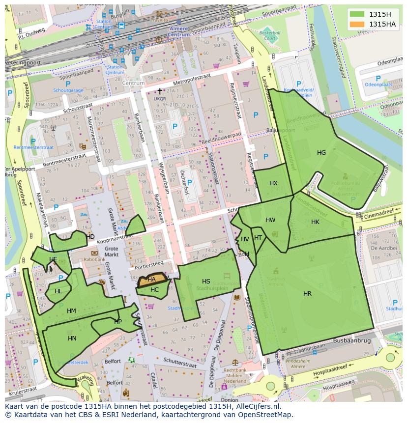 Afbeelding van het postcodegebied 1315 HA op de kaart.