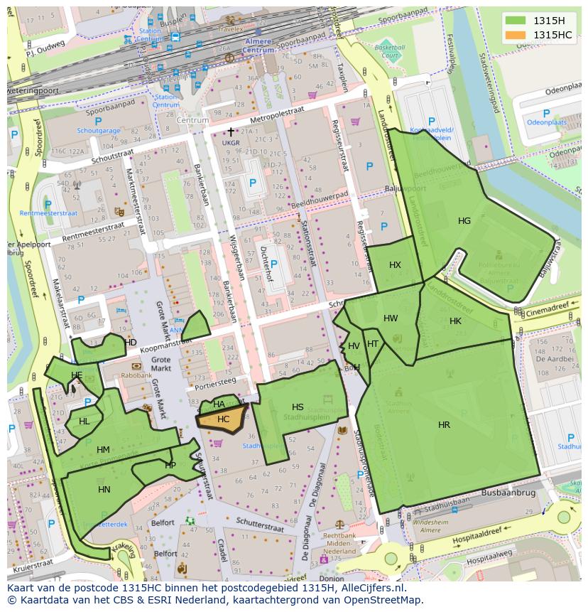 Afbeelding van het postcodegebied 1315 HC op de kaart.