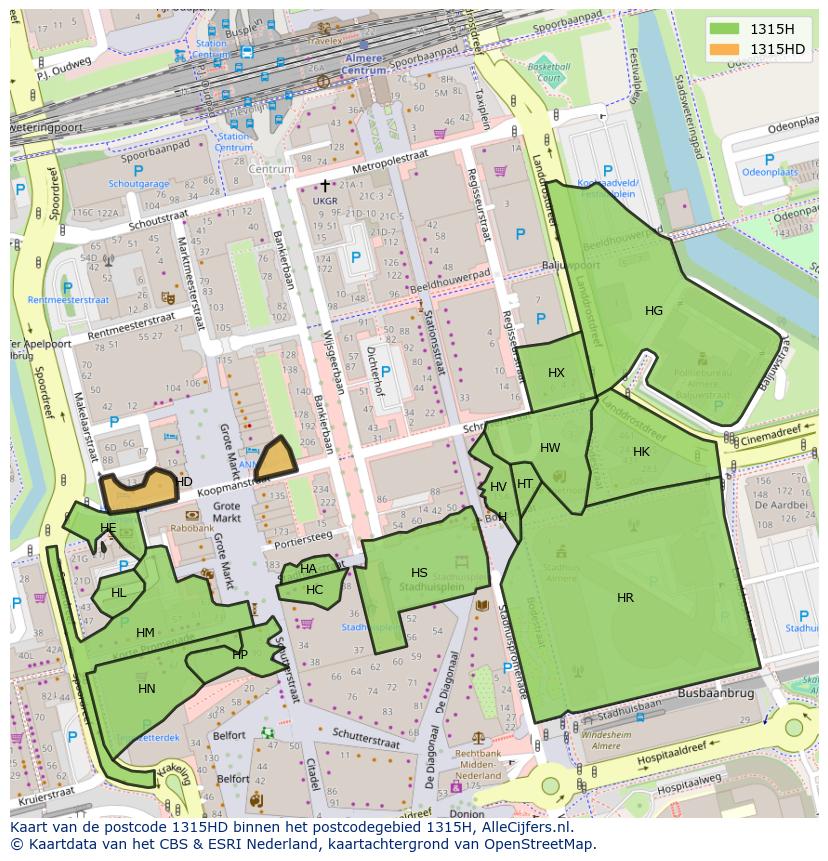 Afbeelding van het postcodegebied 1315 HD op de kaart.