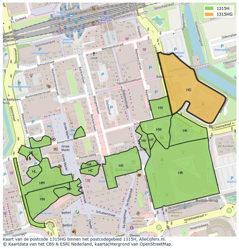 Afbeelding van het postcodegebied 1315 HG op de kaart.