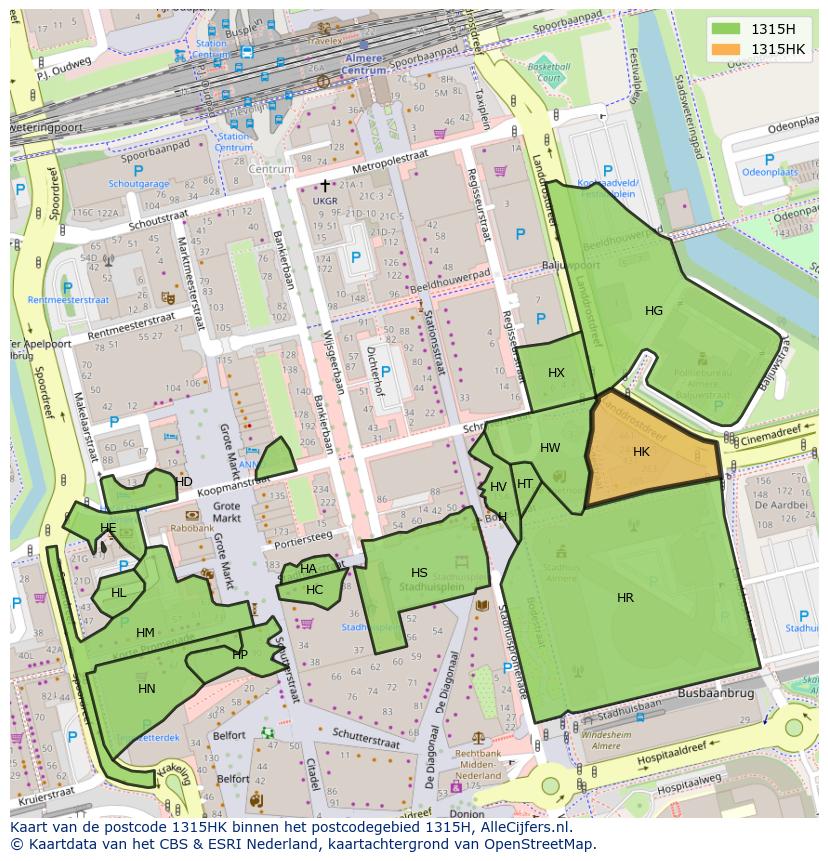Afbeelding van het postcodegebied 1315 HK op de kaart.