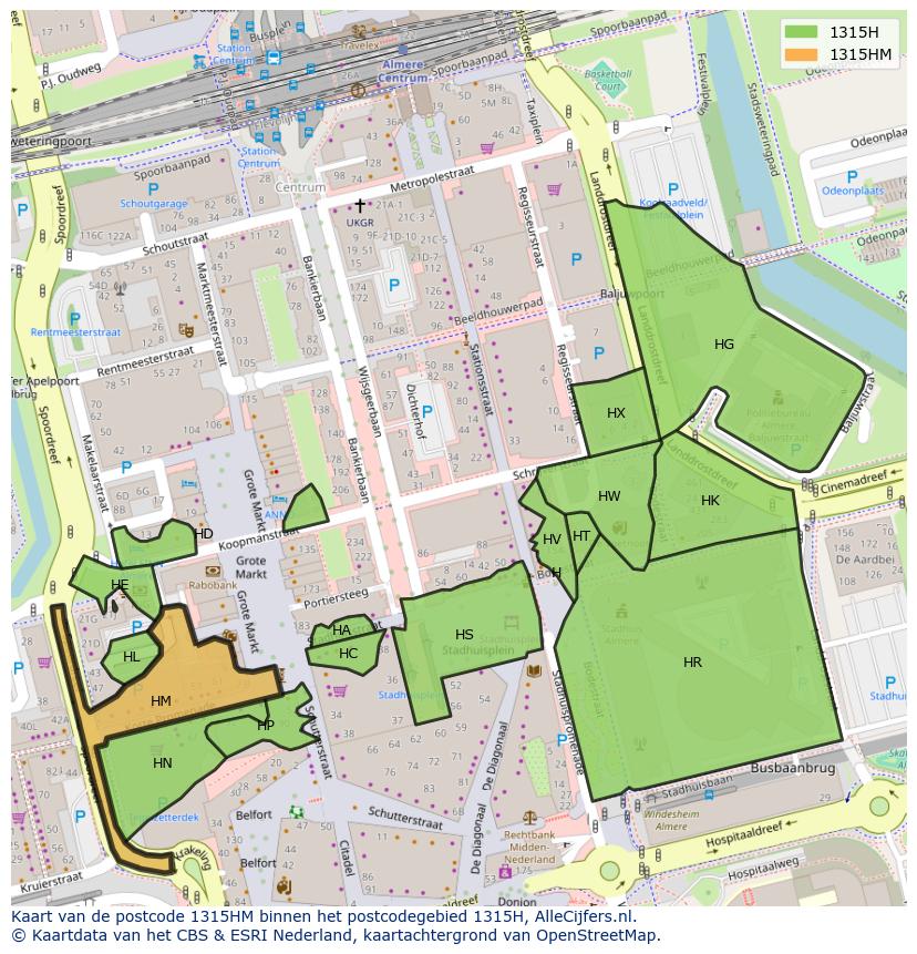 Afbeelding van het postcodegebied 1315 HM op de kaart.