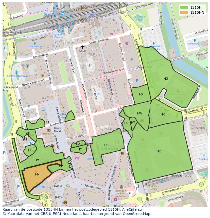 Afbeelding van het postcodegebied 1315 HN op de kaart.