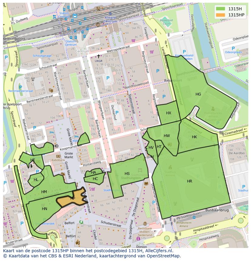 Afbeelding van het postcodegebied 1315 HP op de kaart.