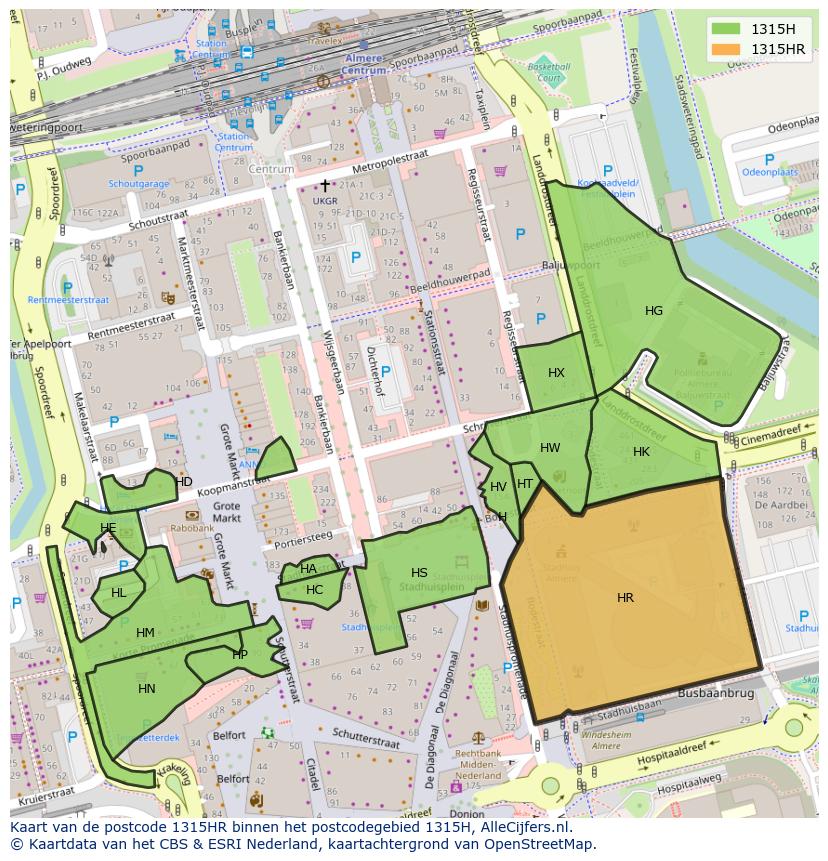 Afbeelding van het postcodegebied 1315 HR op de kaart.