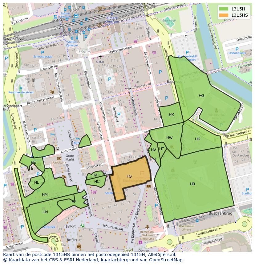 Afbeelding van het postcodegebied 1315 HS op de kaart.