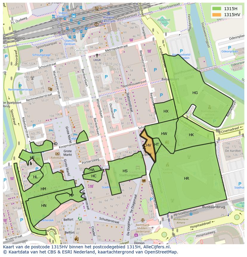 Afbeelding van het postcodegebied 1315 HV op de kaart.