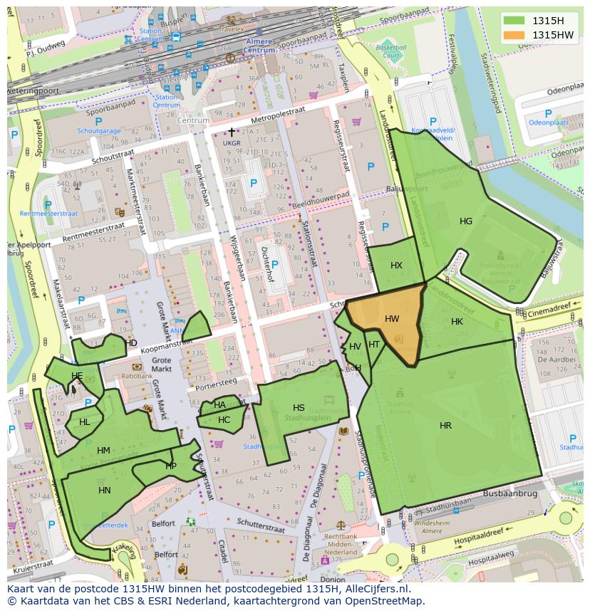 Afbeelding van het postcodegebied 1315 HW op de kaart.