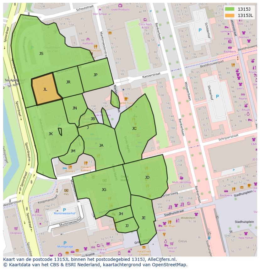 Afbeelding van het postcodegebied 1315 JL op de kaart.