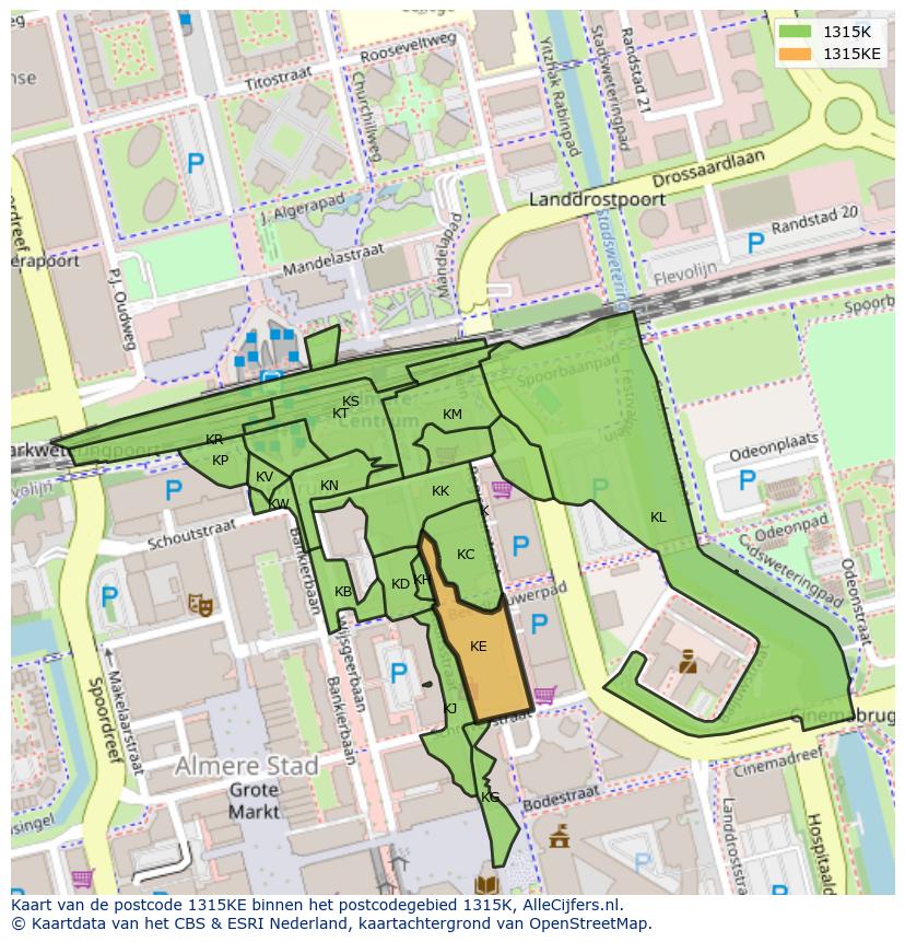 Afbeelding van het postcodegebied 1315 KE op de kaart.