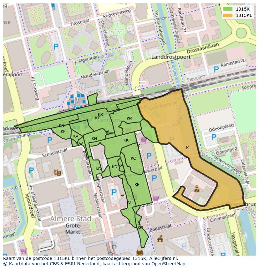 Afbeelding van het postcodegebied 1315 KL op de kaart.