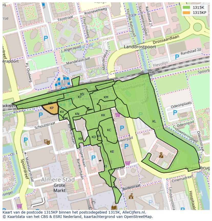 Afbeelding van het postcodegebied 1315 KP op de kaart.