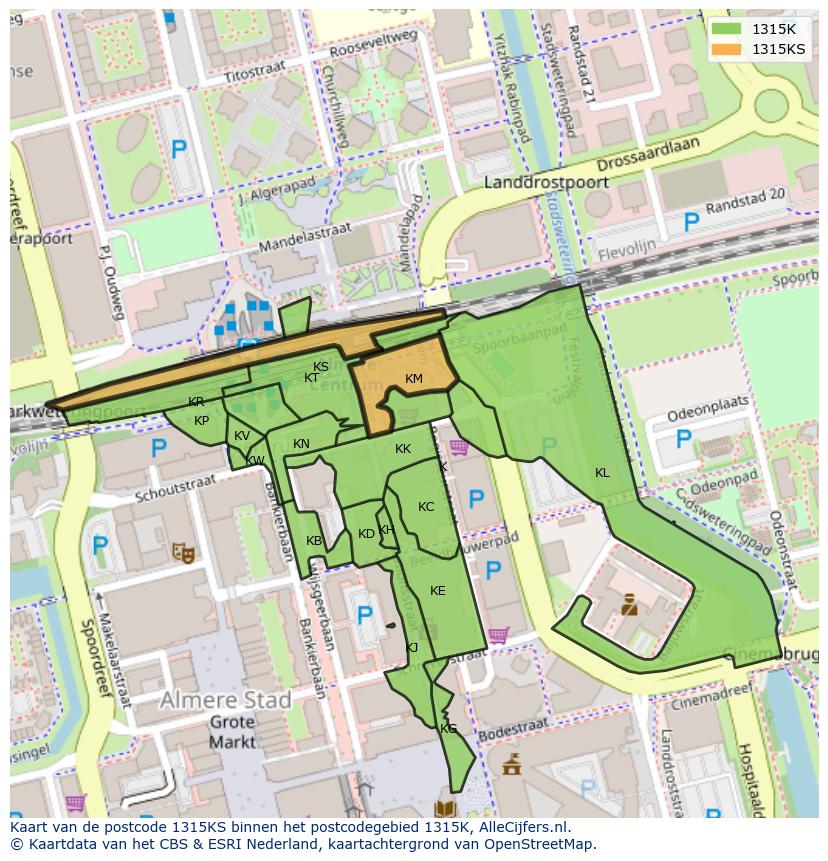 Afbeelding van het postcodegebied 1315 KS op de kaart.