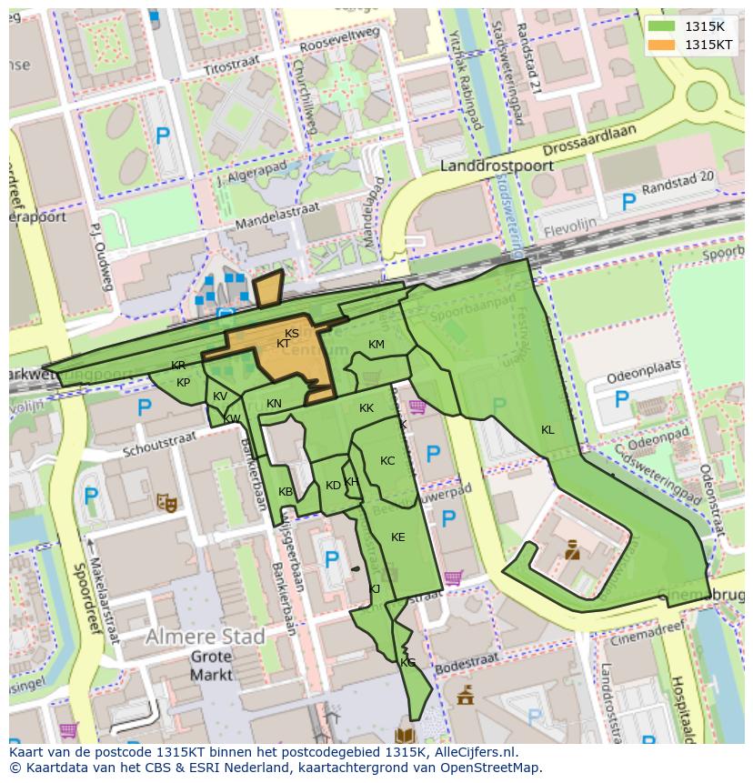 Afbeelding van het postcodegebied 1315 KT op de kaart.