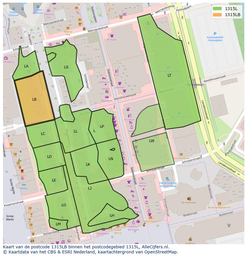 Afbeelding van het postcodegebied 1315 LB op de kaart.