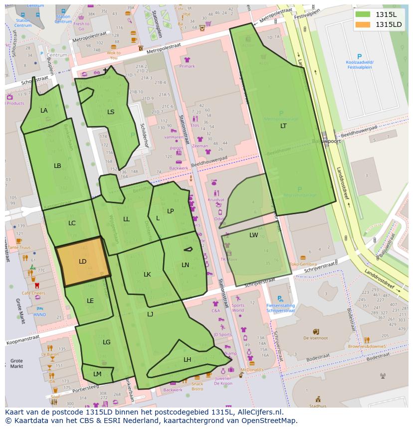 Afbeelding van het postcodegebied 1315 LD op de kaart.