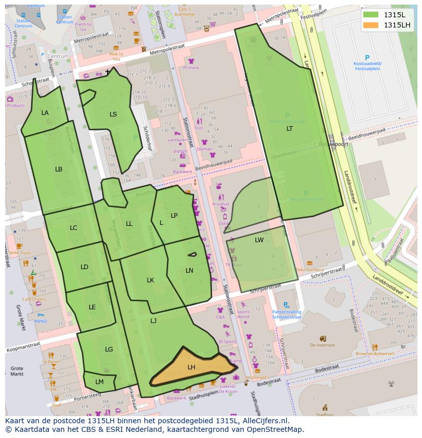 Afbeelding van het postcodegebied 1315 LH op de kaart.