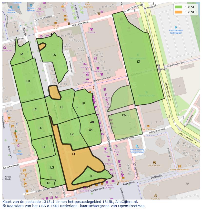 Afbeelding van het postcodegebied 1315 LJ op de kaart.