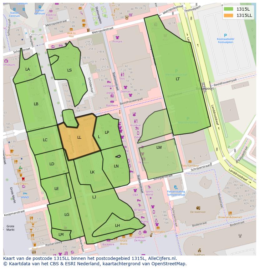 Afbeelding van het postcodegebied 1315 LL op de kaart.