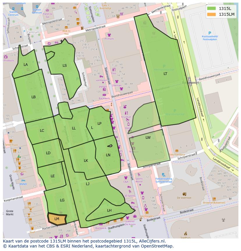 Afbeelding van het postcodegebied 1315 LM op de kaart.