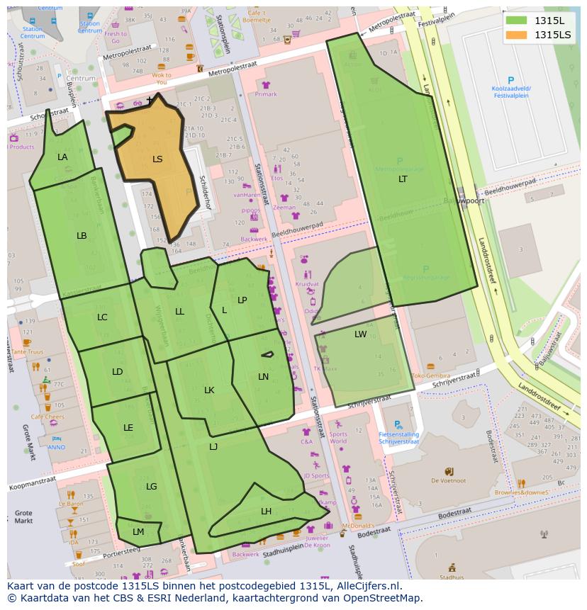Afbeelding van het postcodegebied 1315 LS op de kaart.