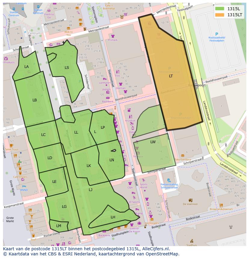 Afbeelding van het postcodegebied 1315 LT op de kaart.