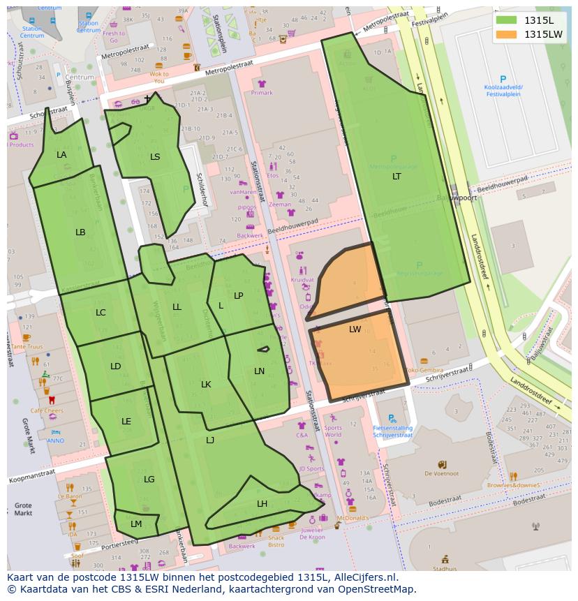 Afbeelding van het postcodegebied 1315 LW op de kaart.