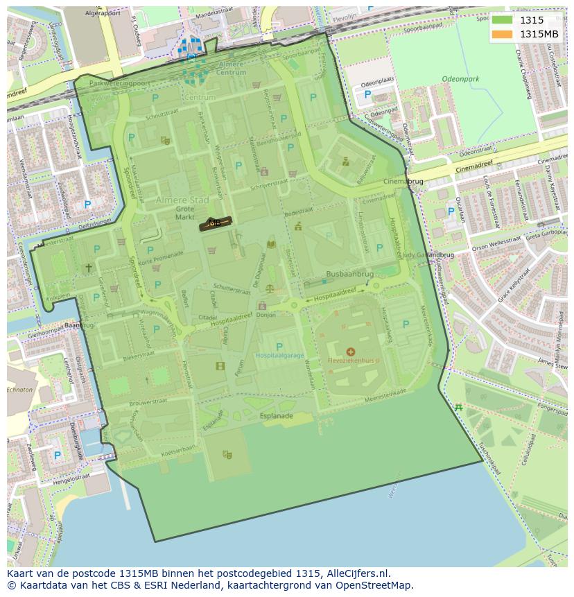 Afbeelding van het postcodegebied 1315 MB op de kaart.