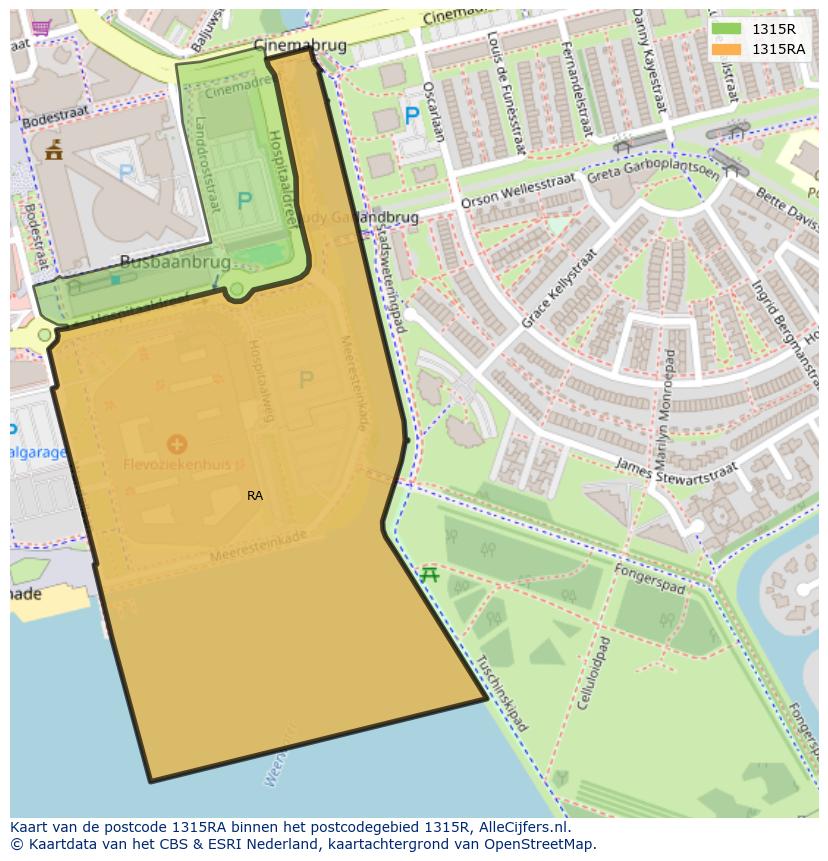 Afbeelding van het postcodegebied 1315 RA op de kaart.