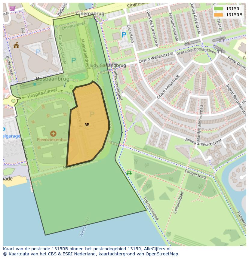 Afbeelding van het postcodegebied 1315 RB op de kaart.