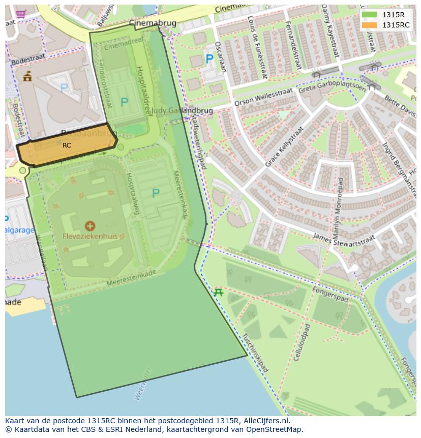 Afbeelding van het postcodegebied 1315 RC op de kaart.