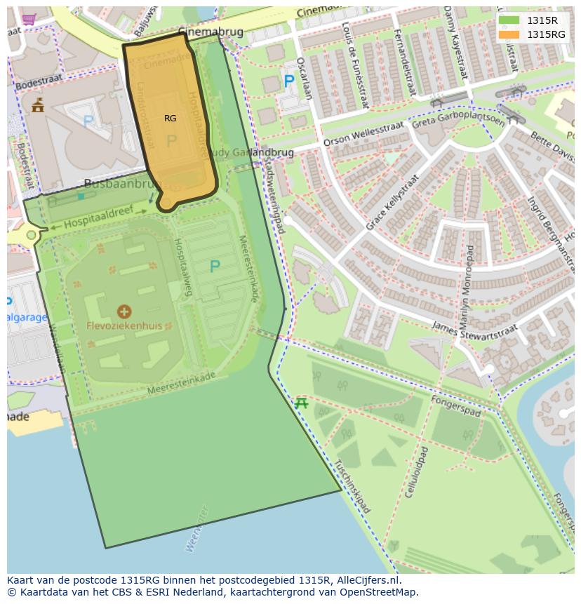 Afbeelding van het postcodegebied 1315 RG op de kaart.