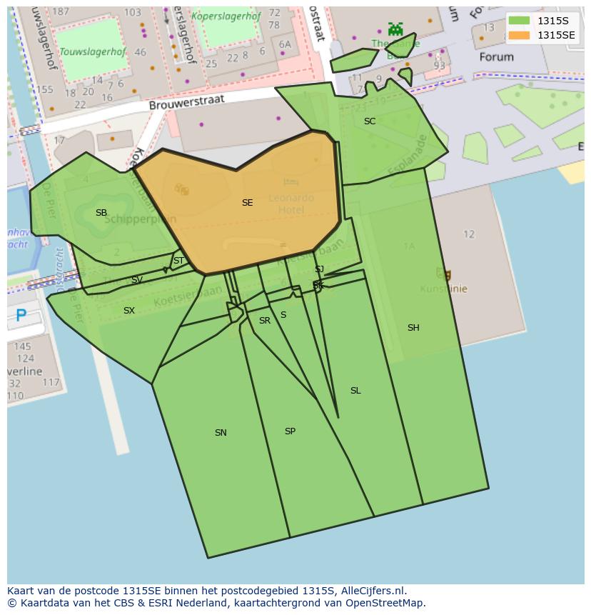 Afbeelding van het postcodegebied 1315 SE op de kaart.