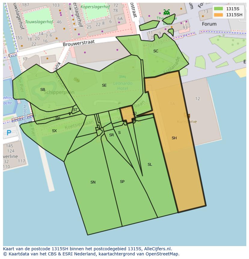 Afbeelding van het postcodegebied 1315 SH op de kaart.
