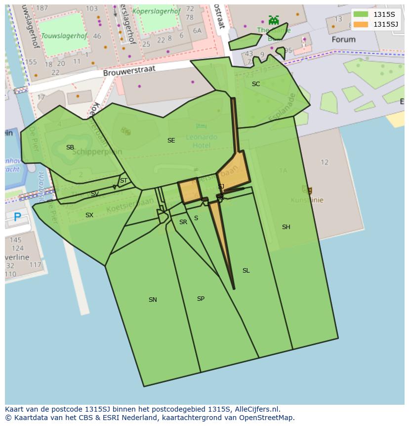 Afbeelding van het postcodegebied 1315 SJ op de kaart.